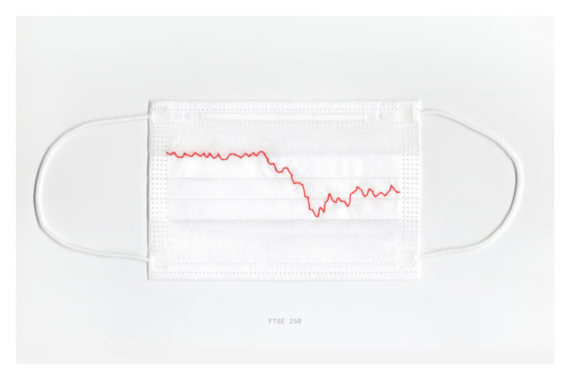 stock markets embroidered on face masks question: our health or our wealth? designboom