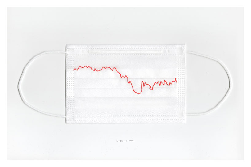 stock markets embroidered on face masks question: our health or our wealth? designboom