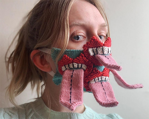 tongue-in-cheek knitted face masks by ýrúrarí scarily enforces social-distancing