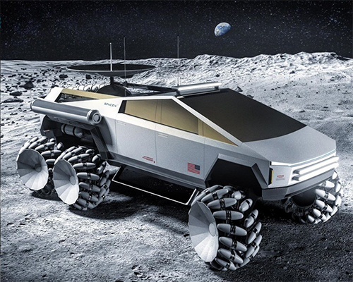 charlie automotive imagines tesla cybertruck as six-wheel lunar rover concept