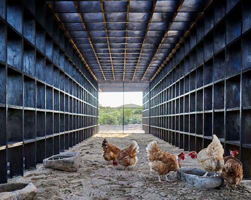 kengo kuma's chicken coop for casa wabi is an interlocking system of charred wooden boards