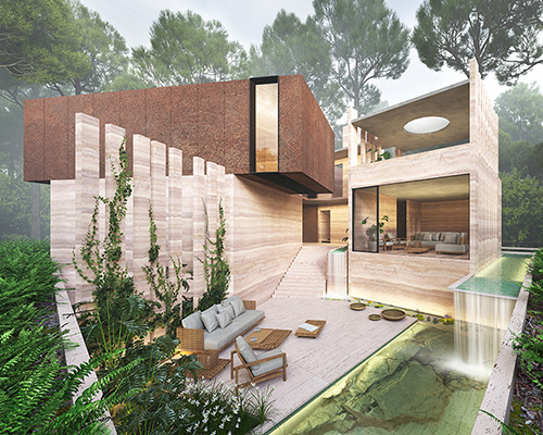 rammed earth walls build this tropical retreat with waterfalls in india