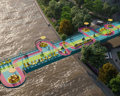 100architects rejuvenate pedestrian bridge in shanghai with bright colors + looped shapes