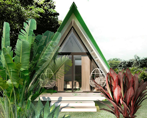 A-shaped cabin by micheron studio in costa rica opens towards surrounding garden view