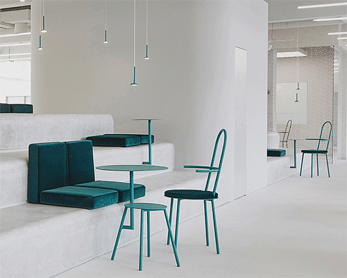 colored furniture pop through minimal interior of esprit's new headquarters in shanghai