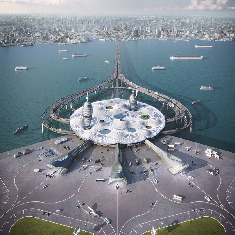 noiz architects has topped 'spaceport city' with a large, undulating roof