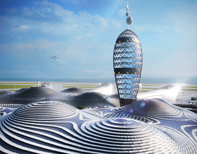 'spaceport city' consists of a series of spherical volumes, each of which housing a different function