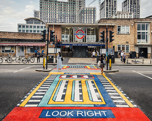 camille walala transforms  london's white city place with colorful geometric patterns