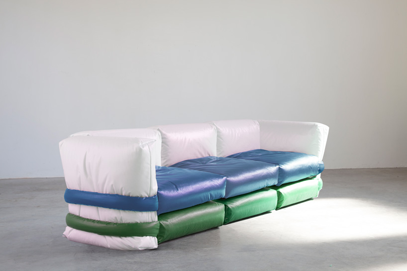 muller van severen's modular 'pillow sofa' for KASSL editions is wrapped in oil-coated fabric