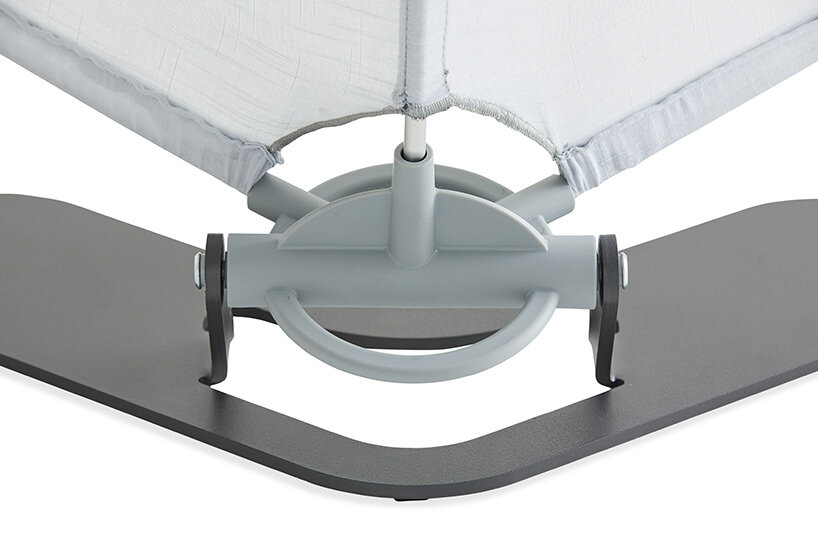 Built-in handles on the freestanding base makes it easy to move Overhead Tent around a floor plan, while allowing for variations in height and width.