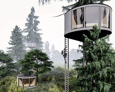 circular treehouse modules by manuel mosquera embrace forest trees in france