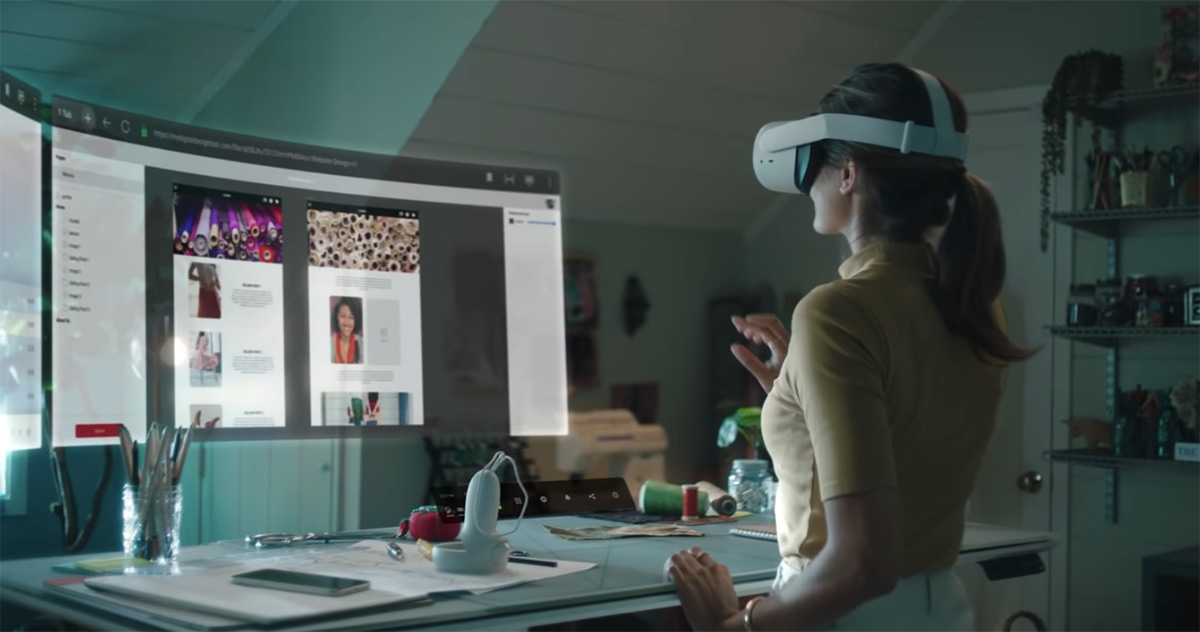 Businesswoman with virtual reality glasses in officeThe businesswoman  with virtual reality glasses in office- CanStock