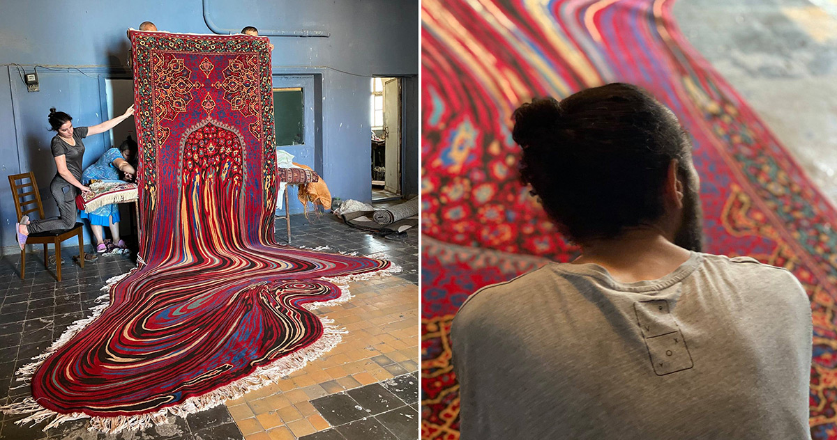 faig ahmed's 'doubts' carpet seemingly drips into a whirling pool of