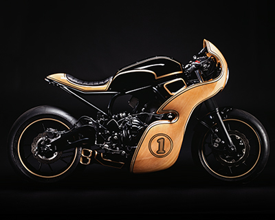 beech wood carving fronts george woodman garage's yamaha XSR700 motorbike