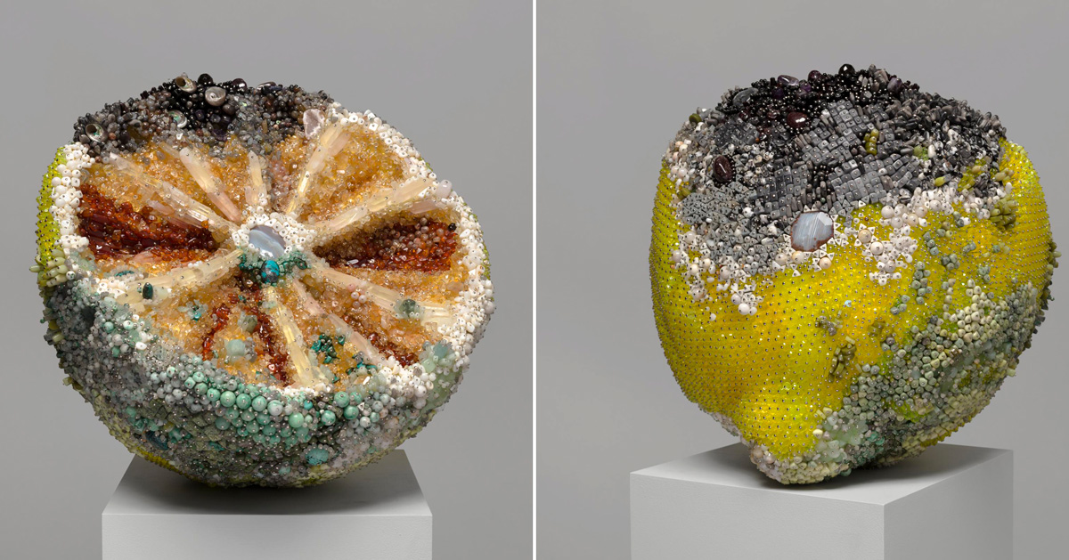 the bejeweled rotting fruit sculptures of kathleen ryan exhibited online at karma gallery