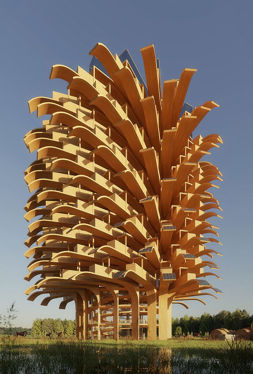 a façade of 'solar leaves' forms NUDES observation tower concept designboom