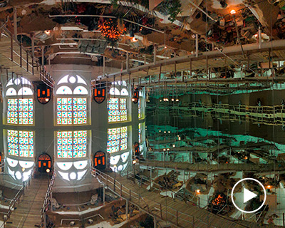 samara golden sets optically-warping, post-disaster seaside scene in a philadelphia museum