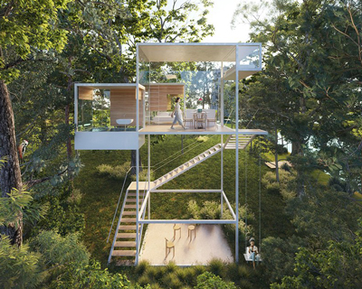 live among the trees with these modular treehouses designed for 8 forested sites in france