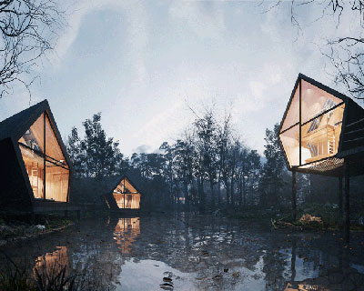 treehouse modules set around serene lake in france make you feel like floating on water