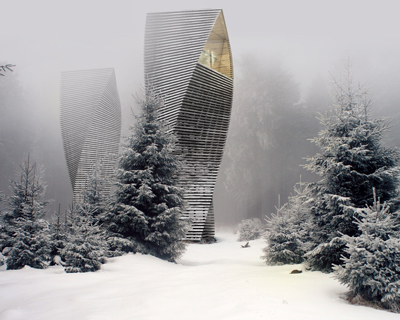 antony gibbon camouflages his slender 'helix' treehouses among their forested context
