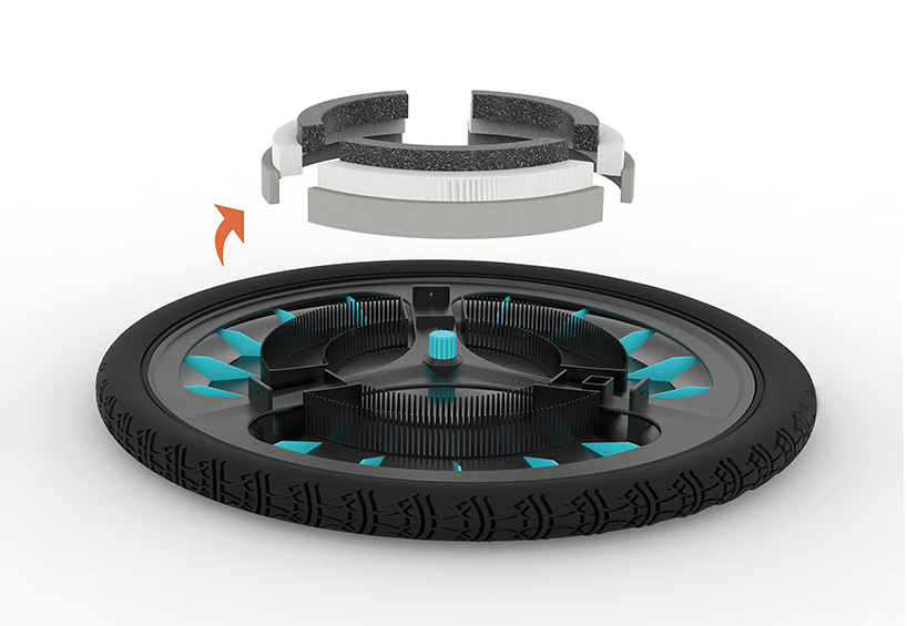ROLLOE is a bicycle wheel that uses movement to actively purify air via washable filters