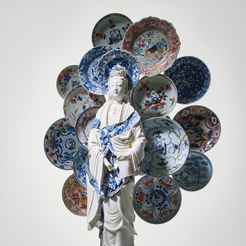 18th century chinese blanc de chine porcelain figure, 18th century chinese porcelain fragments and wooden base