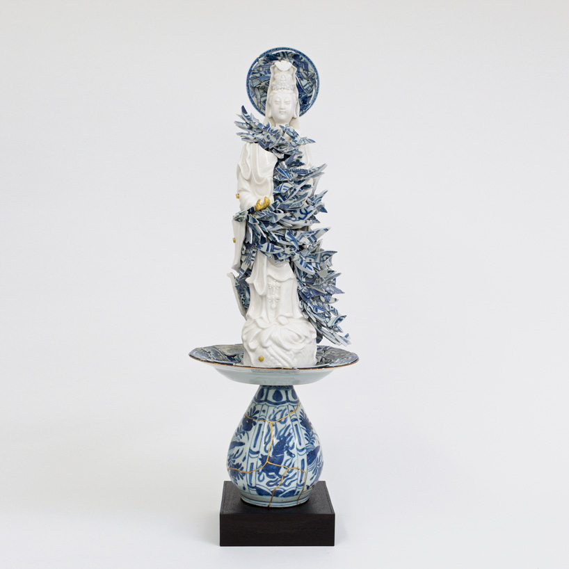 17th century chinese blanc de chine porcelain figure, 17th century chinese porcelain fragments and wooden base