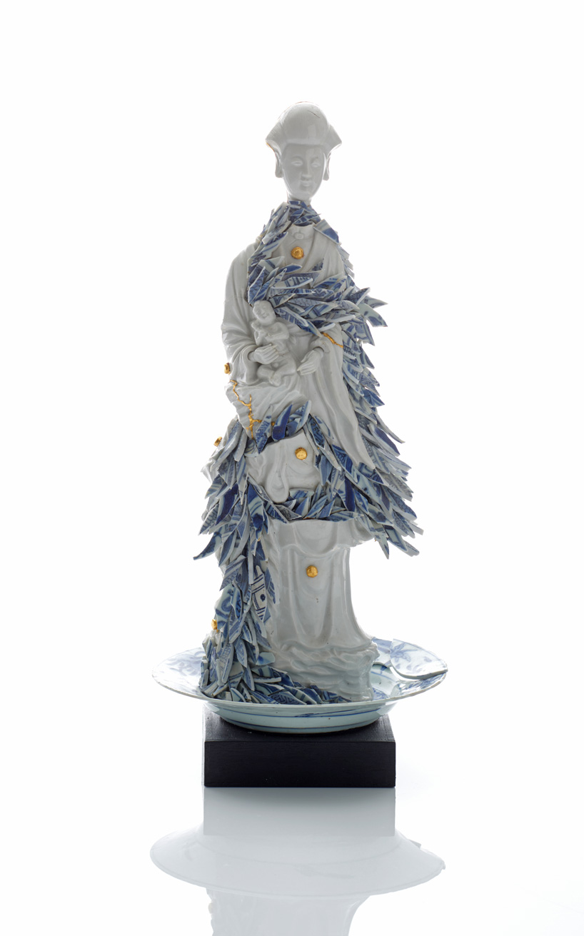 late 17th century kangxi chinese blanc de chine porcelain figure, early 17th century chinese ming dynasty porcelain fragments and wooden base