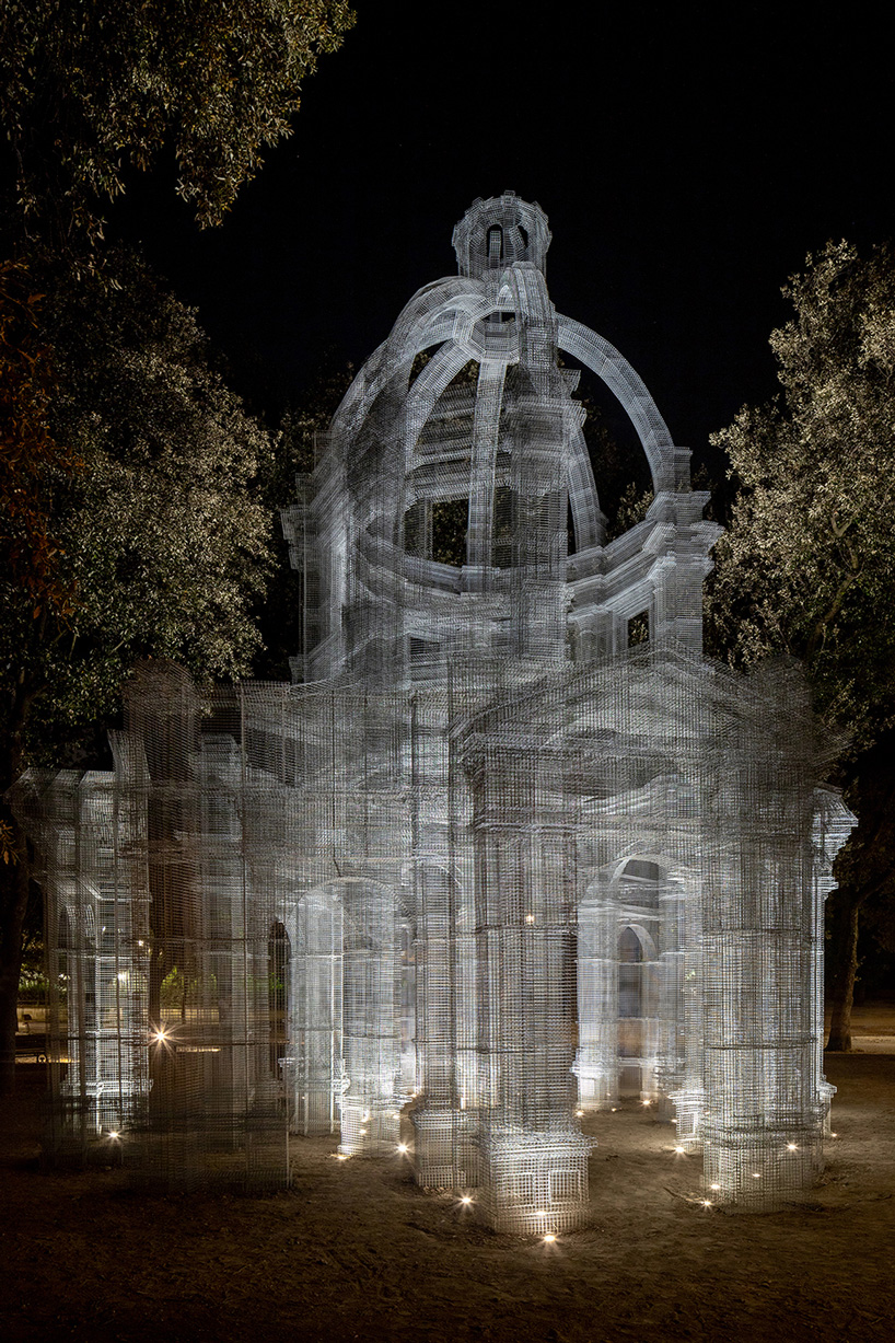 night view of edoardo tresoldi's wire mesh 'etherea' installation in rome