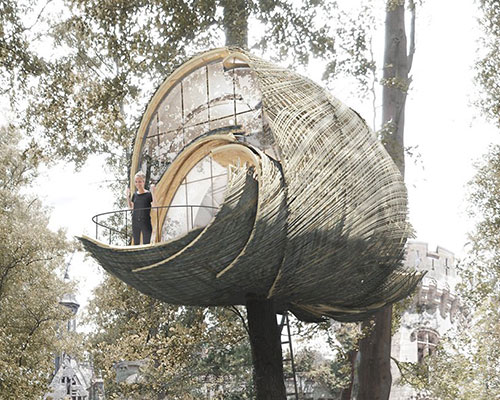 goepel & baumgarten's treehouse modules in france draw influence from wasp nests