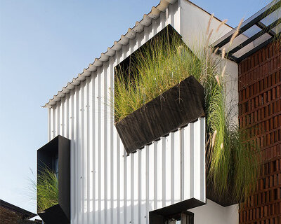 planter boxes populate the façade of 'kampoong in house' in indonesia