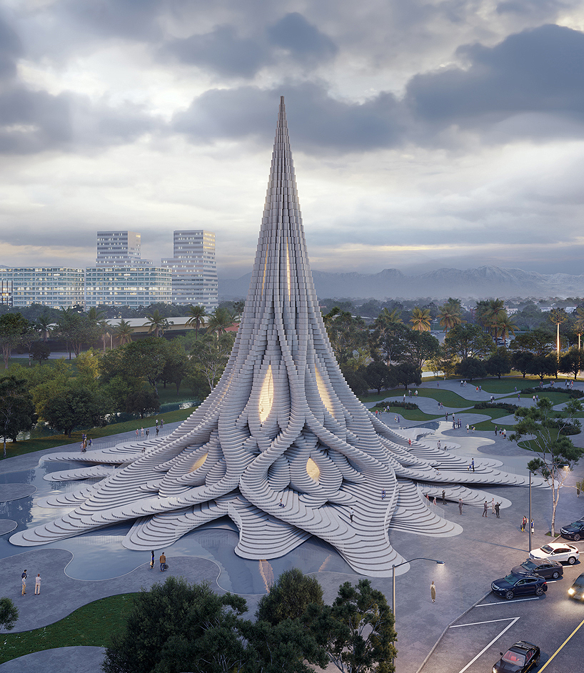 NUDES designs a towering rainwater harvesting concept for san jose designboom