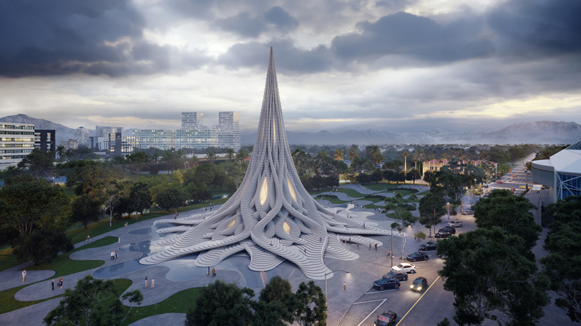 NUDES designs a towering rainwater harvesting concept for san jose designboom