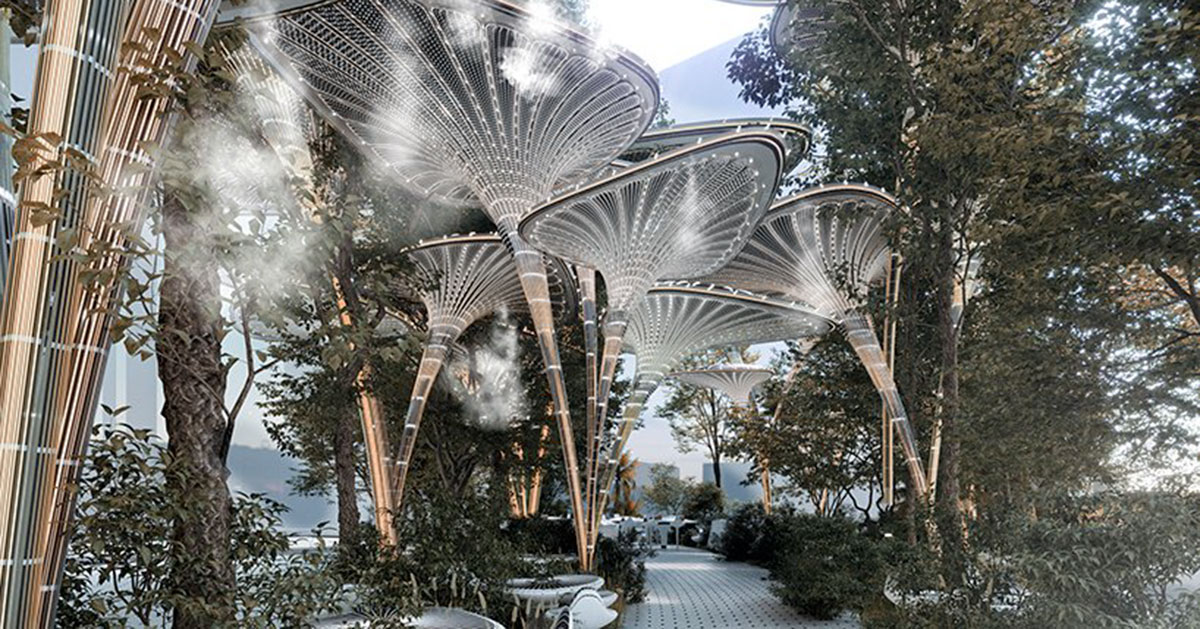palm leaf canopies form ‘oasys’ outdoor refuge within abu dhabi urban