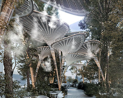 palm leaf canopies form ‘oasys’ outdoor refuge within abu dhabi urban fabric