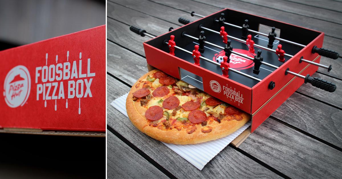 pizza hut + ogilvy unveil a pizza box with a foosball table in the lid
