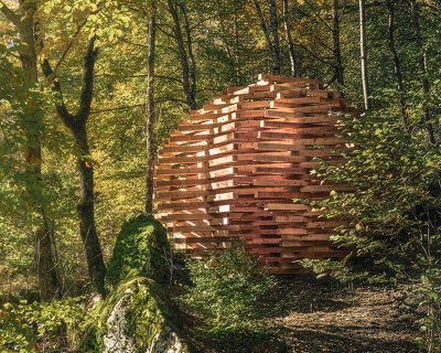 davide macullo plants timber 'Ispace' installation in the forests of a swiss village