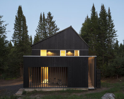 blackened timber helps blend 'B+L residence' into a tree-covered site in quebec
