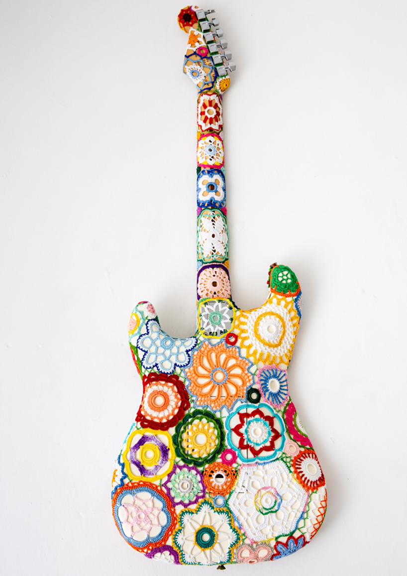 joana vasconcelos wraps a fender stratocaster guitar with technicolor floral crochet flower power