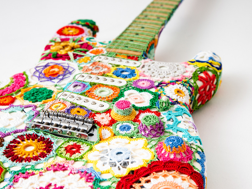 joana vasconcelos wraps a fender stratocaster guitar with technicolor floral crochet flower power