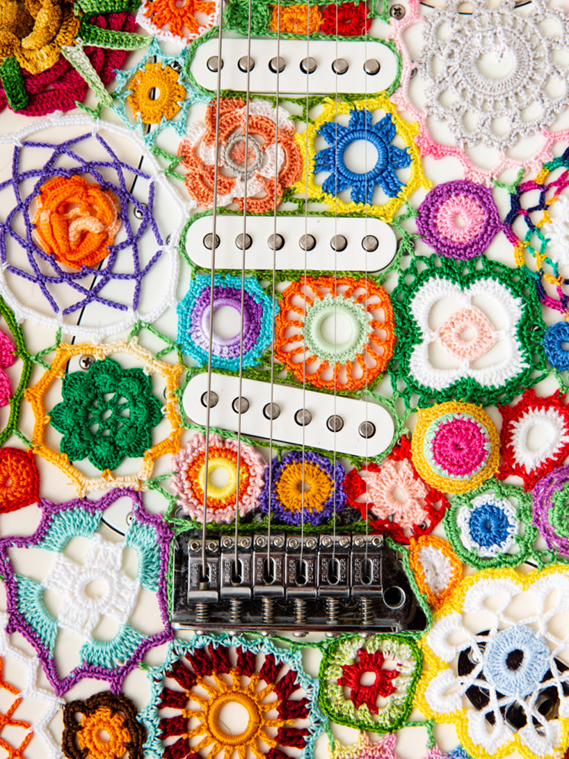 joana vasconcelos wraps a fender stratocaster guitar with technicolor floral crochet flower power