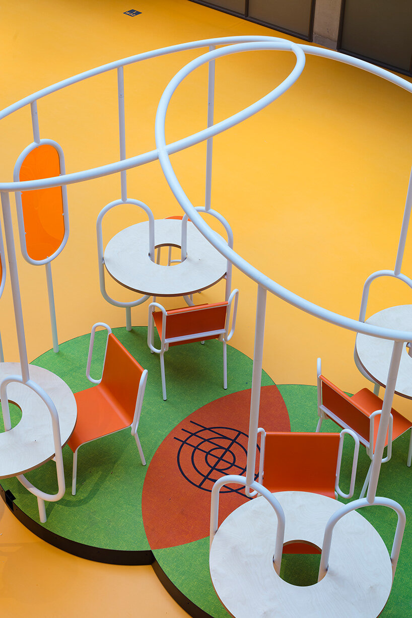 matali crasset fills a renzo piano-designed atrium in paris with archipelago furniture