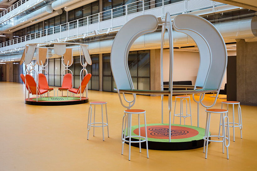 matali crasset fills a renzo piano-designed atrium in paris with archipelago furniture