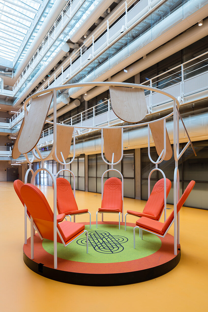 matali crasset fills a renzo piano-designed atrium in paris with archipelago furniture