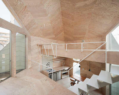 yoshinori sakano architects divides tiny tokyo house into seven split levels clad in plywood