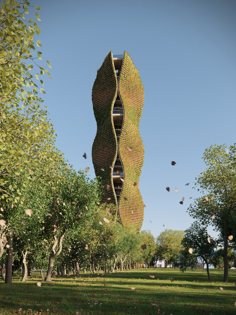 11,520 potted plants clad this observatory tower concept by NUDES designboom