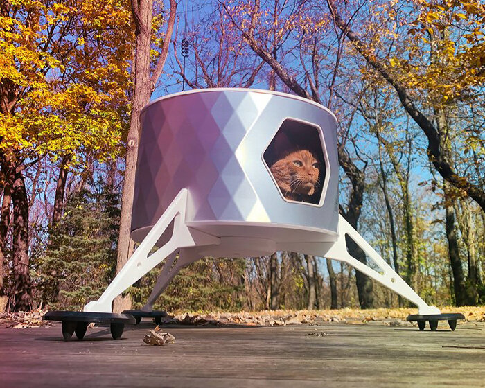 the 'CATSA lander mark1' is a space-themed cat bed made from brushed aluminum