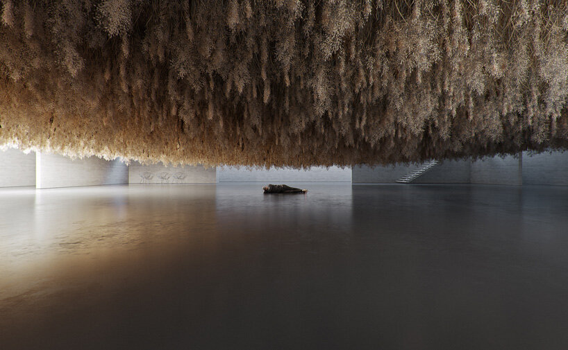 tadao cern suspends a cloud of dried grass strands in immersive installation 'french exit'