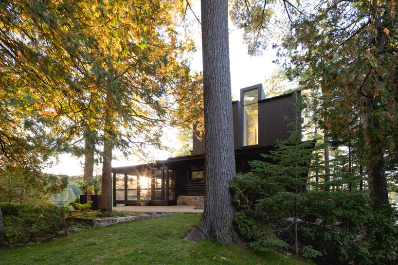paul bernier architecte tops rustic log cabin in canada with monolithic wood-clad extension