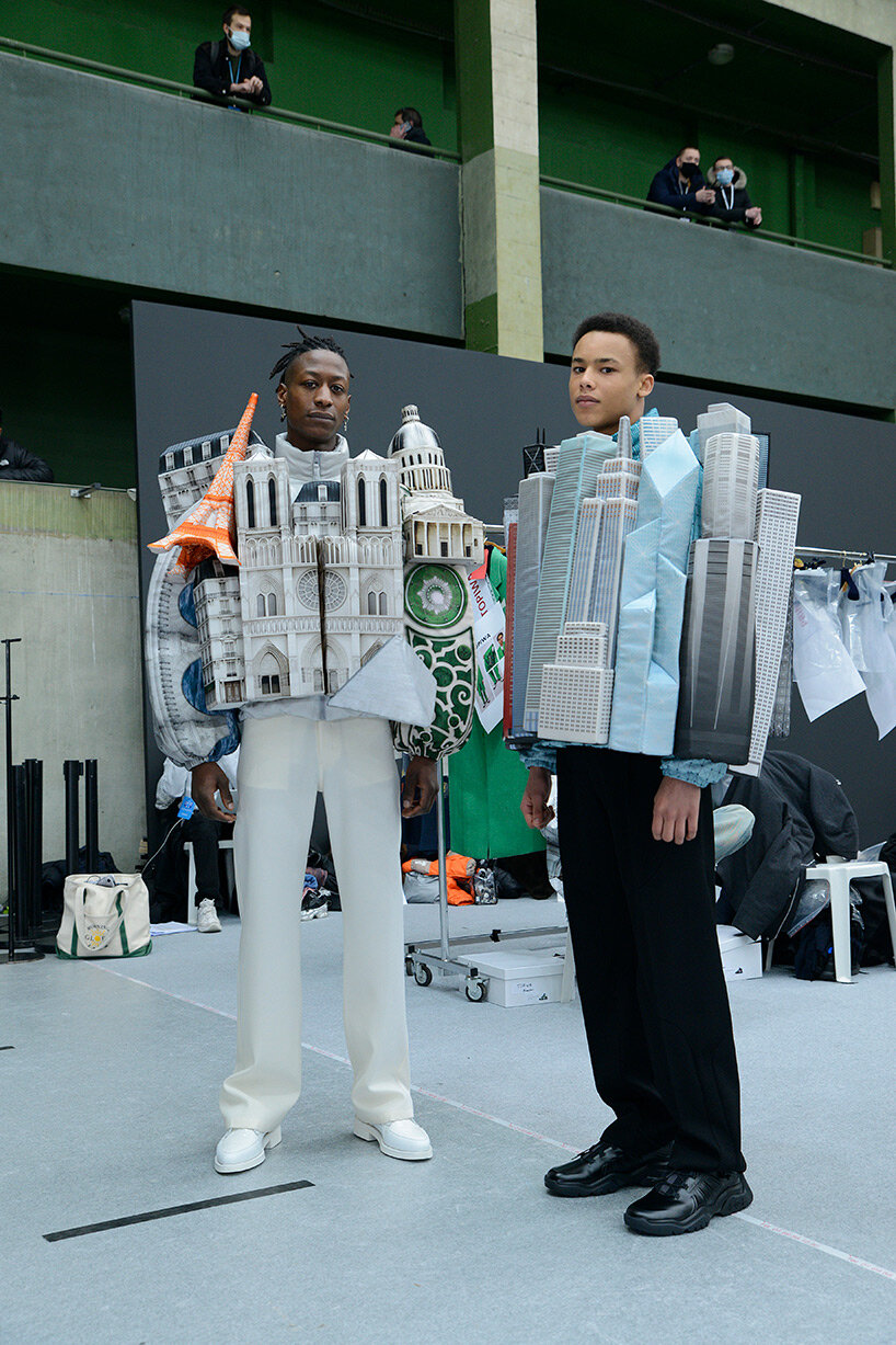 virgil abloh designs wearable cityscape jackets as part of louis vuitton  men's FW 2021 show